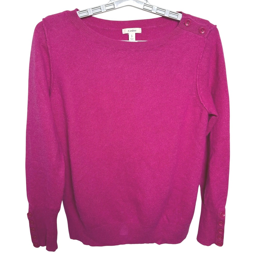 Caslon Sweater 100% Cashmere LP Pink Fushia Boat Neck Button Shoulder Pullover